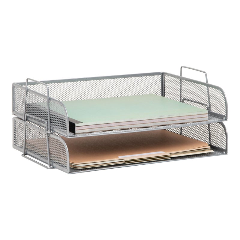 Mind Reader Stackable Paper Tray, Desktop Organizer, File Storage, Office, Metal Mesh, 13.25" L x 9.75" W x 6.25" H, 2 Pcs., Silver - Image 1